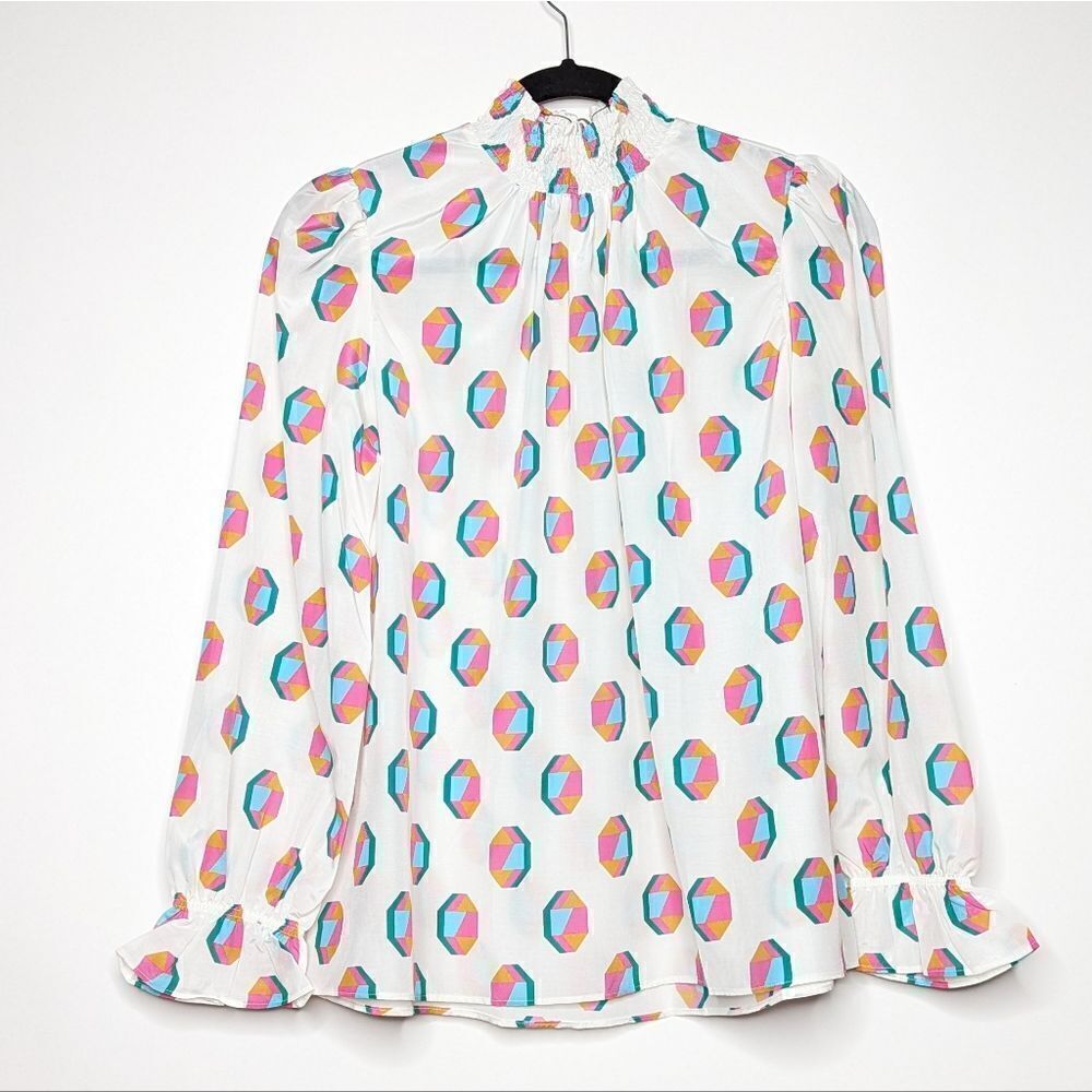 Tucker NYC Stella Top Pearl Geo in Silk Cotton Smock Mock Neck Semi Sheer